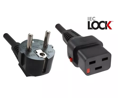 Mains cable Europe CEE 7/7 90° to C19, 1.5mm², with lock, VDE, black, length 2.00m